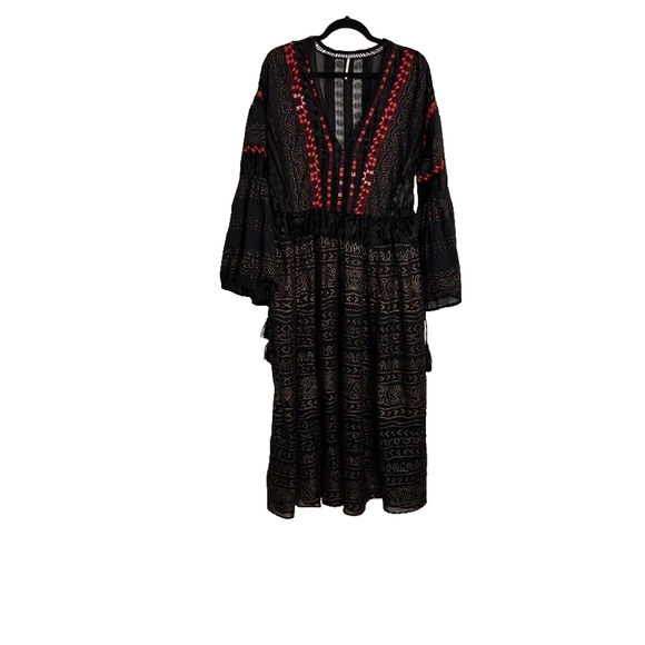 Free People Dress Small Starry Night Maxi Black Long Sleeve V Neck Embroidered - Picture 1 of 13